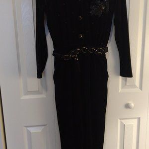 Black Velvet Jumpsuit with Braided Belt